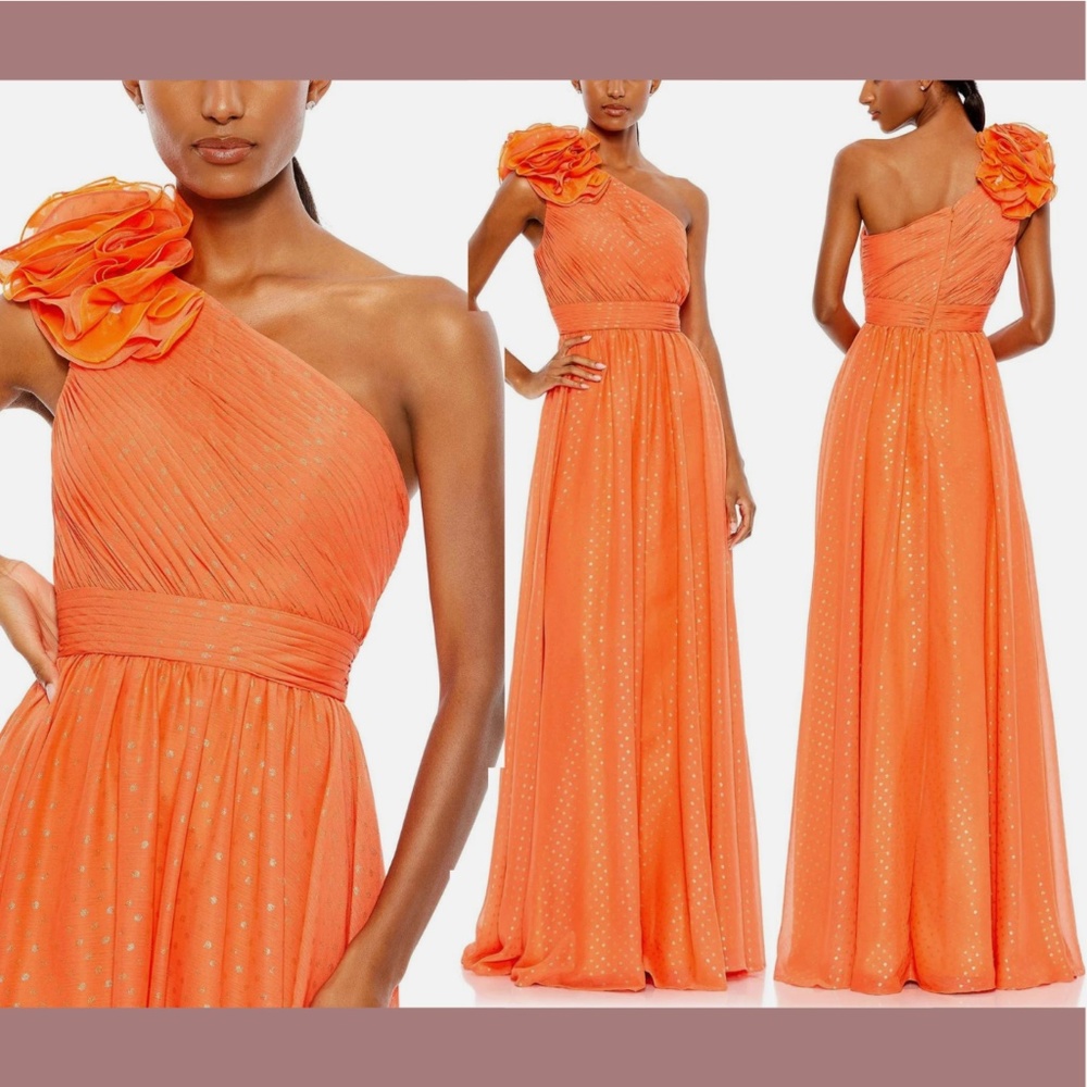 NWT MAC DUGGAL [ 6 ] Chiffon Polka Dot Ruffled One Shoulder Gown Tangerine Orang